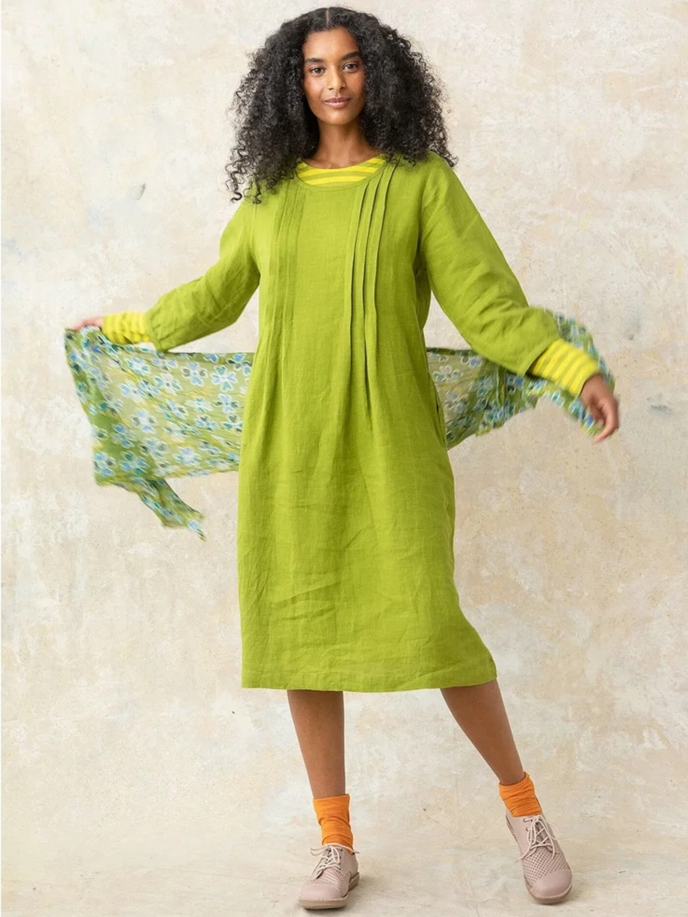 Gudrun Sjoden Lillian Dress Green Sz XS 100% Linen Midi Shift Lagenlook Casual
